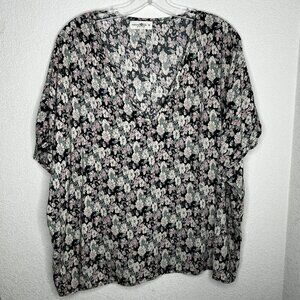 Natural Life Shirt Womens Medium Black Floral V Neck Short Sleeve Boho Tunic